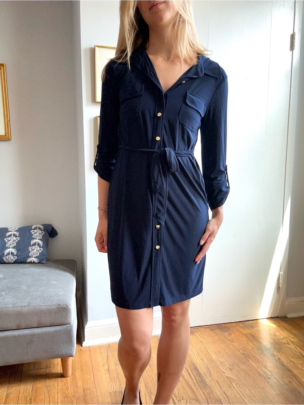 Soho Apparel Navy Button-Front Shirt Dress with Tie Waist - Stretchy Office Work